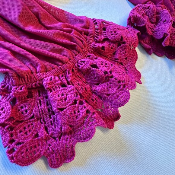 Willow + Root Crochet Cropped Top LG Fuchsia Smocked Sheer Poet Sleeves Romantic - Picture 5 of 10